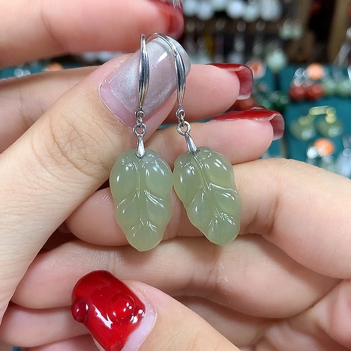 和田玉银S925镶嵌耳饰金枝玉叶