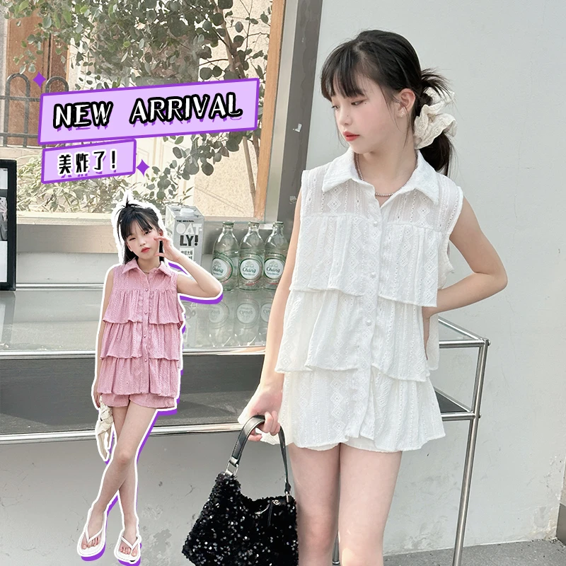 女孩夏季新款洋气时髦荷叶边无袖衬衫短裤套装法式甜美夏装