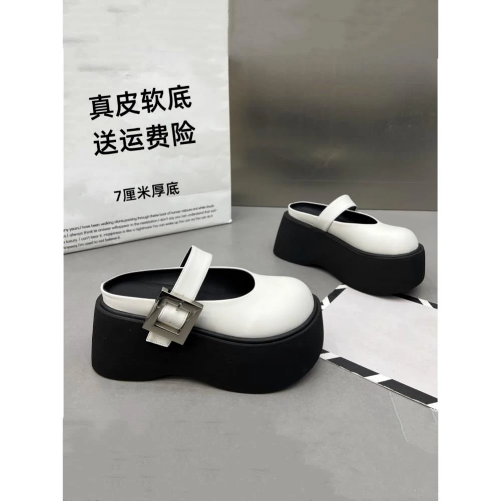 大头法式包头半拖女2025新款软皮浅口增高厚底一字扣带玛丽珍凉拖