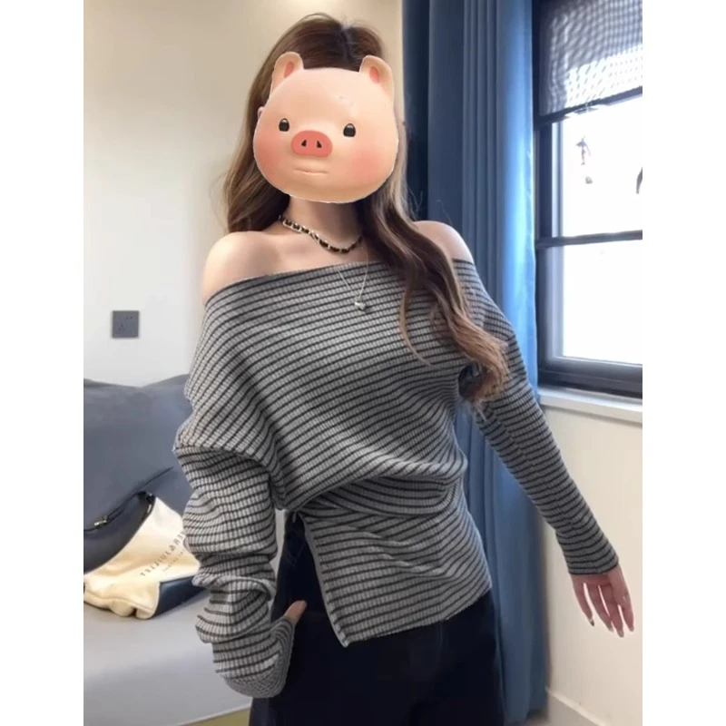 法式不规则撞色条纹斜肩长袖T恤女2025早春新款修身露肩开叉上衣