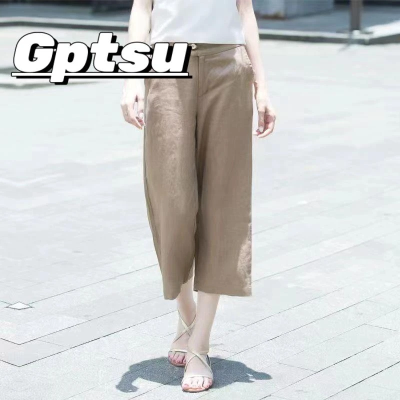 GPTSu2025夏季新款亚麻八分阔腿裤女气质垂感薄款大码休闲九分裤