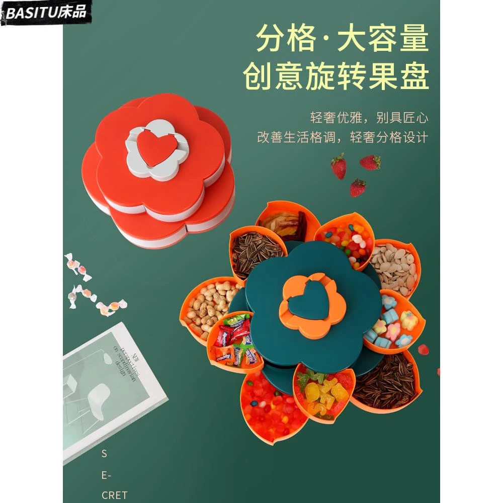 2025新款旋转果盘创意客厅干果瓜子盘结婚糖果盒过年家用零食收纳