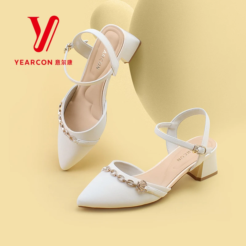 意尔康女包头低帮中跟时装凉鞋气质单鞋温柔舒适白色高跟鞋03346U