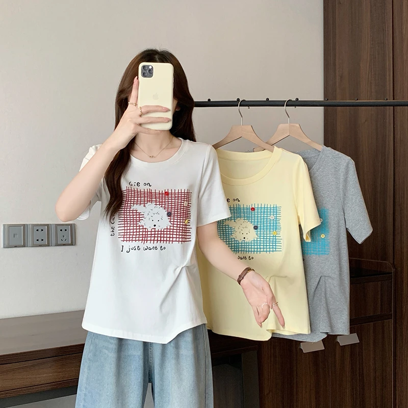 2025夏装新款胖mm大码女韩系别致立体纽扣卡通印花短袖T恤A1375