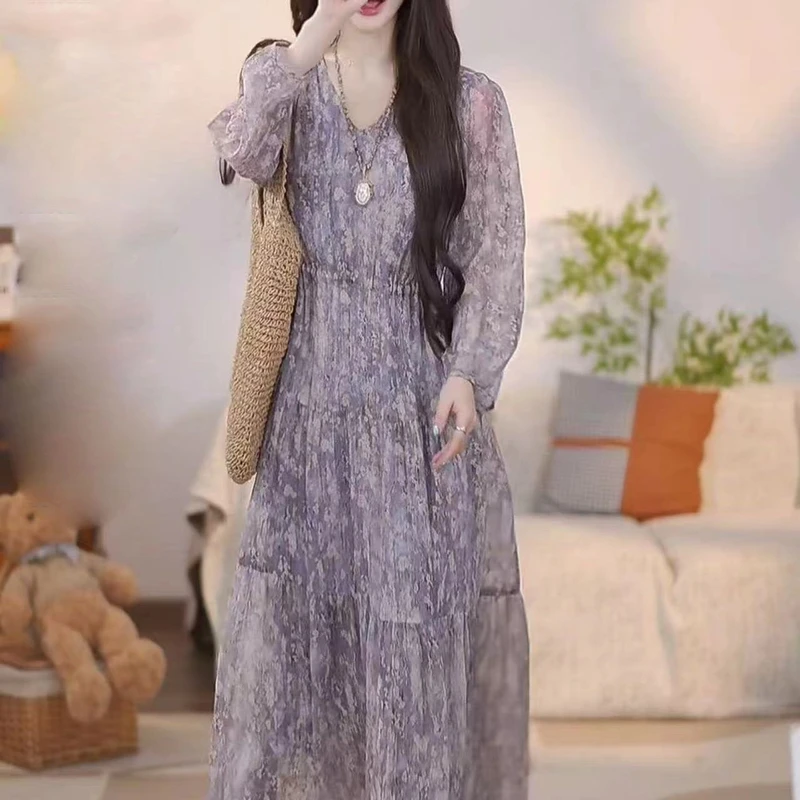 桑蚕丝夏季新款长裙碎花气质2025长袖宽松抽绳收腰显瘦连衣裙A506