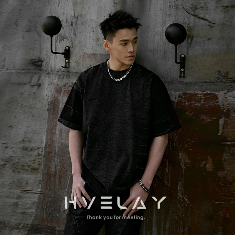 hvelay美式做旧黑色折痕质感短袖T恤男夏季320重磅纯棉高级感上衣