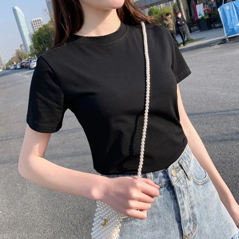 夏装新款正肩打底衫修身韩版学生白色小圆领短袖恤女半袖纯色上衣
