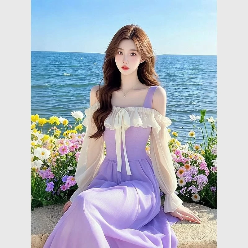 【店铺热销】2025法式春季新款绝美气质长袖修身荷叶温柔拼接一字