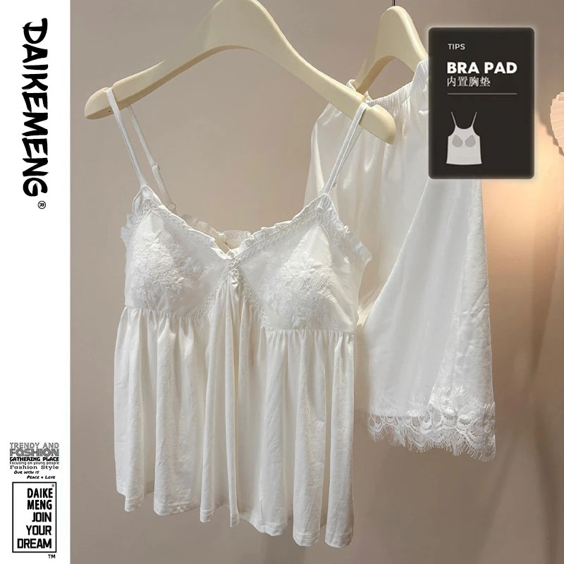 小白花绣花蕾丝边吊带睡衣套装女性感纯欲风带胸垫夏季薄款家居服