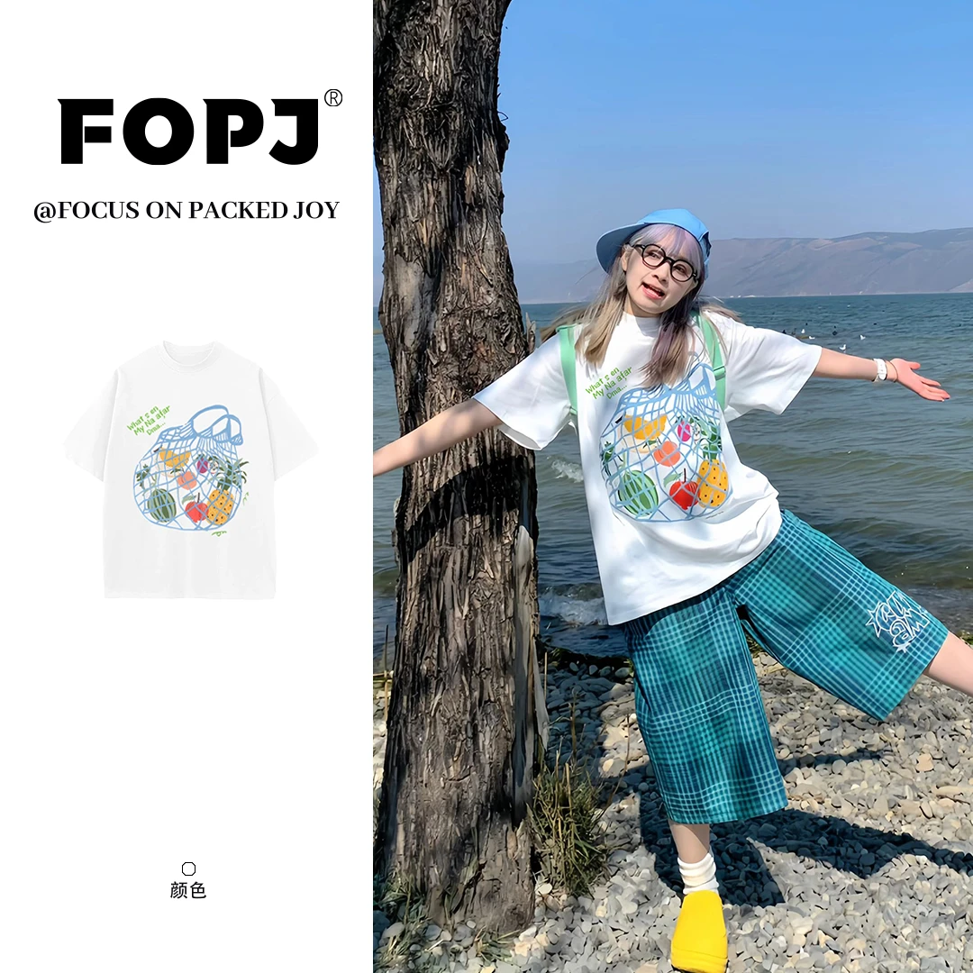 FOPJ国潮休闲风穿搭夏季纯棉短袖t恤女卡通水果印花百搭显瘦上衣