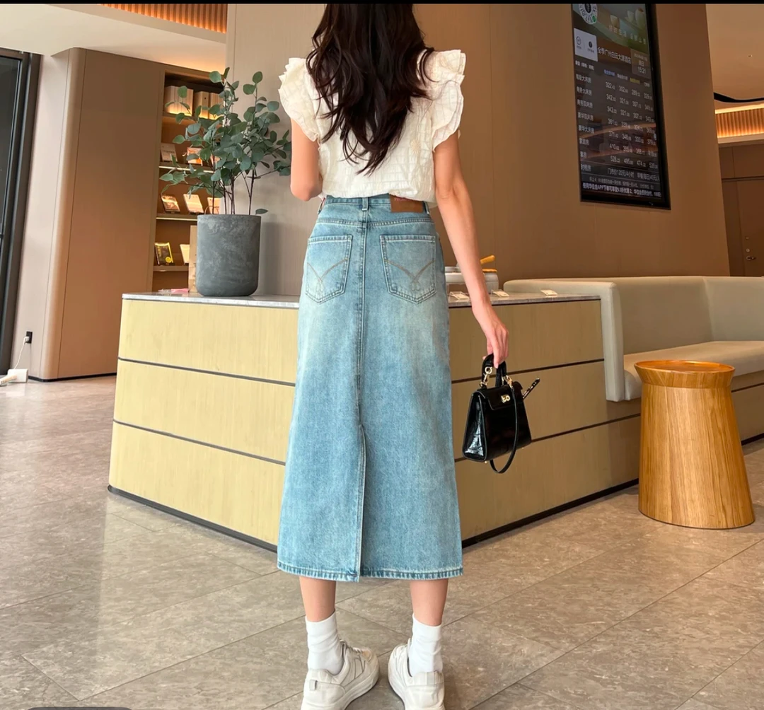 国风刺绣牛仔裙女夏季新款高腰显瘦a字后开叉宽松百搭中长半身裙