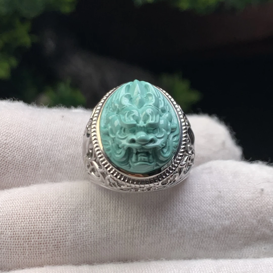 【竹山杨家绿松石】湖北十堰原矿绿松石精选丫角山料精品龙戒戒指