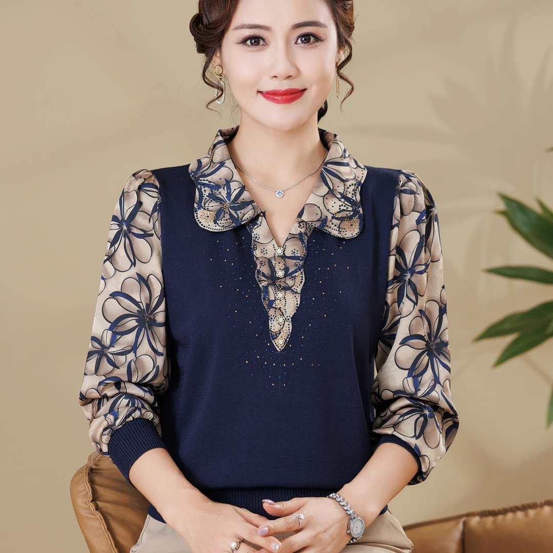 妈妈秋装针织长袖上衣2025新款中老年女装春秋翻领高级感打底小衫