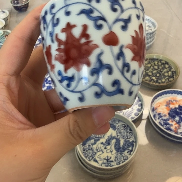 福***瓷片景德镇釉里红缠枝莲手雷杯拍一发四