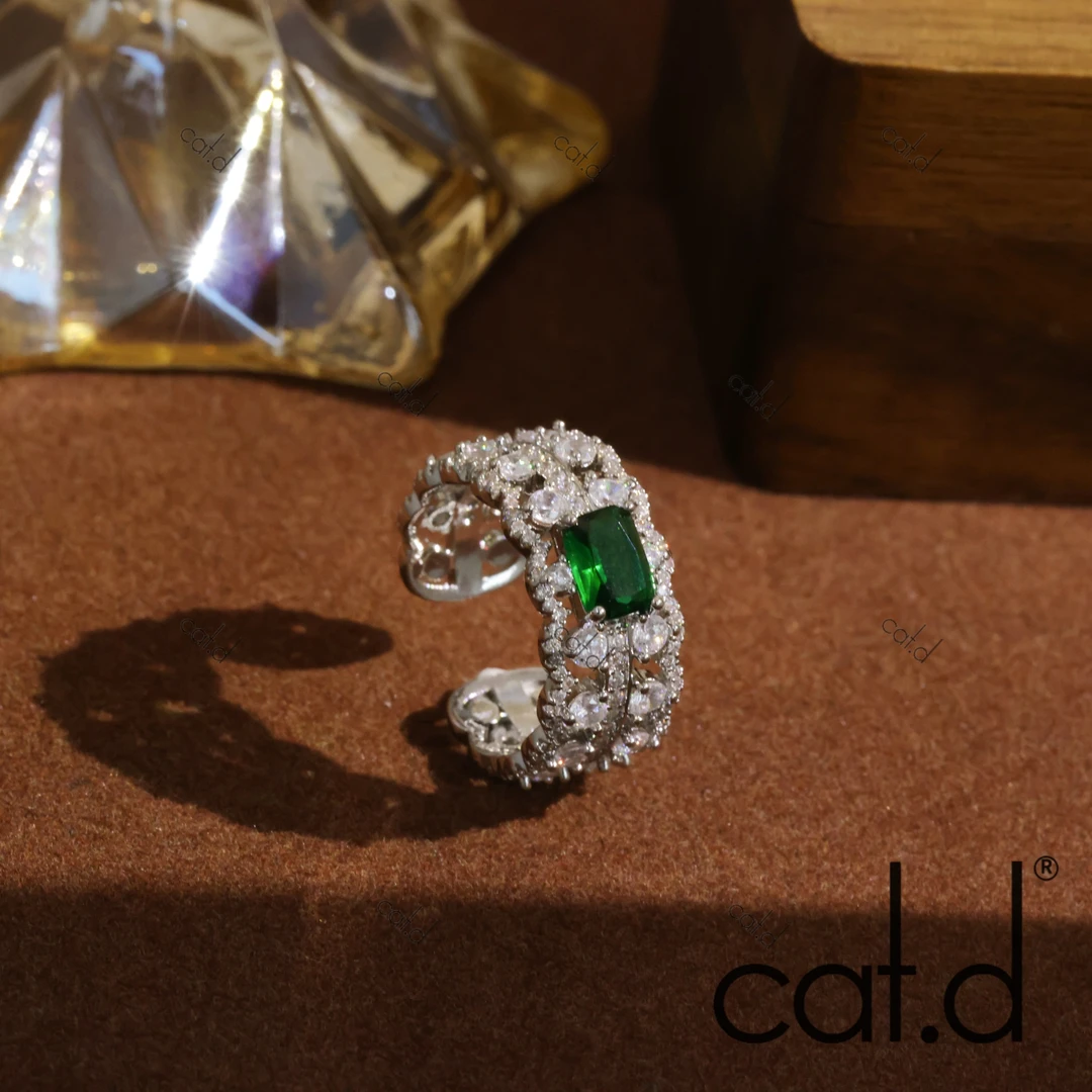 铜合金莫桑石戒指 J0005【黛绿】复古镶嵌设计款轻奢活开口小众戒指