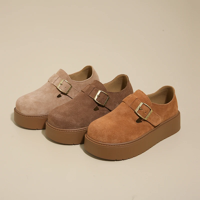 全牛皮厚底松糕勃肯鞋小个子增高显瘦软底休闲鞋乐福鞋百搭女单鞋