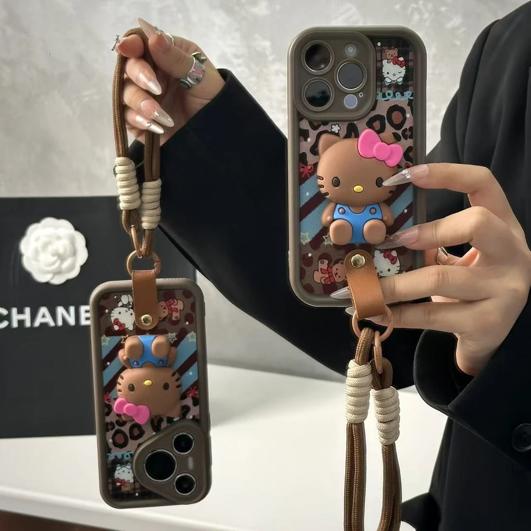 豹纹立体kt猫挂绳适用苹果16高竹手机壳华为vivo小米15oppo创意