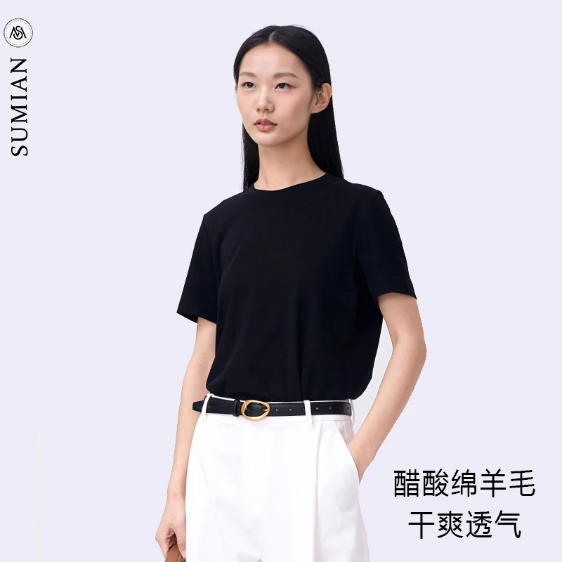 夏季薄款百搭高弹醋酸t恤绵羊毛高品质女士短袖简约纯色休闲打底
