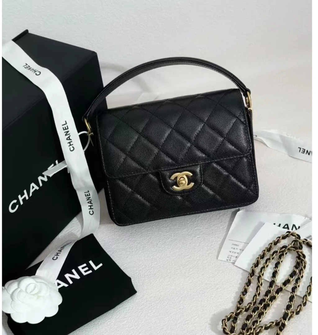 99新 Chanel/香奈儿 多多奢品/香奈儿24k荔枝牛黑金手提CF包/99新