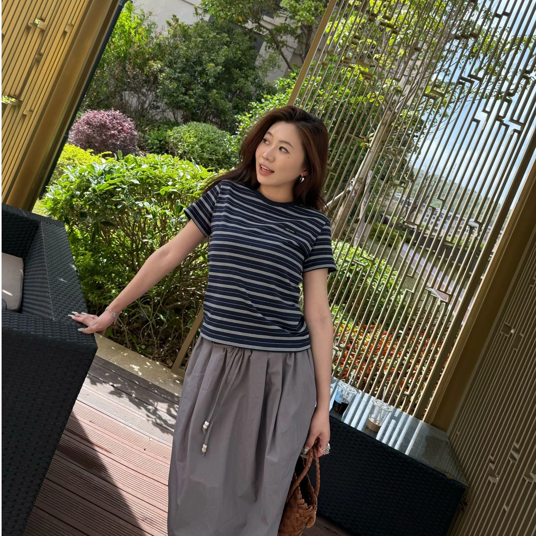 新款韩系简约圆领撞色条纹修身感短袖上衣615