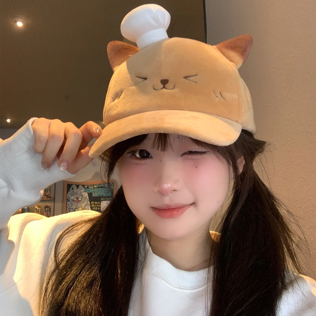 可爱卡通厨师烤焦小猫咪耳朵棒球帽女2025新款显脸小百搭鸭舌帽子