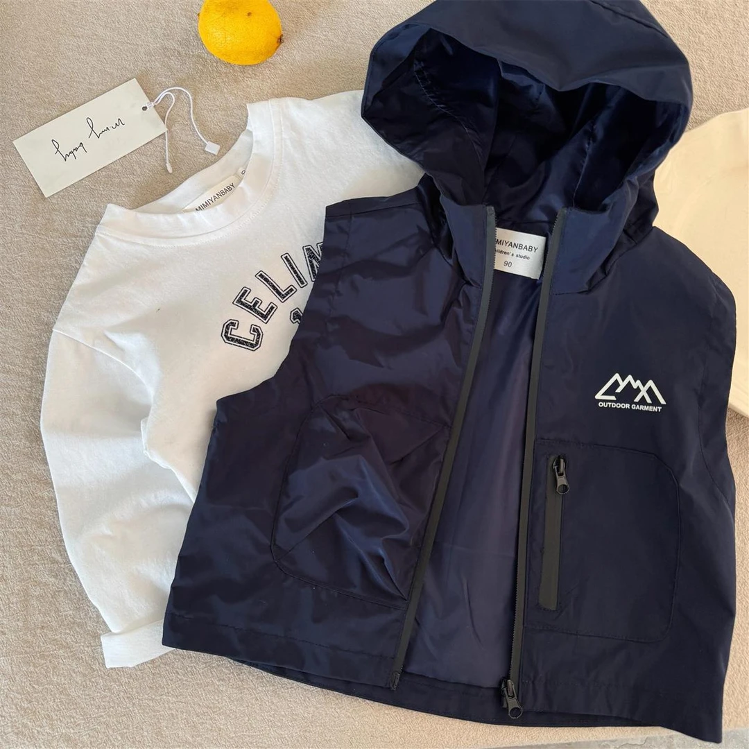 杰米熊男童工装马甲春秋款儿童日系连帽马夹外套2025春季新款中大