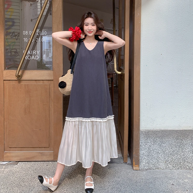灰色优雅别致气质无袖连衣裙女夏季法式度假风流光拼接撞色背心裙