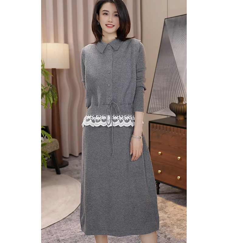 nuobeiyin/诺贝因冬季蕾丝拼接针织马甲连衣裙两件套装 NAMM6966