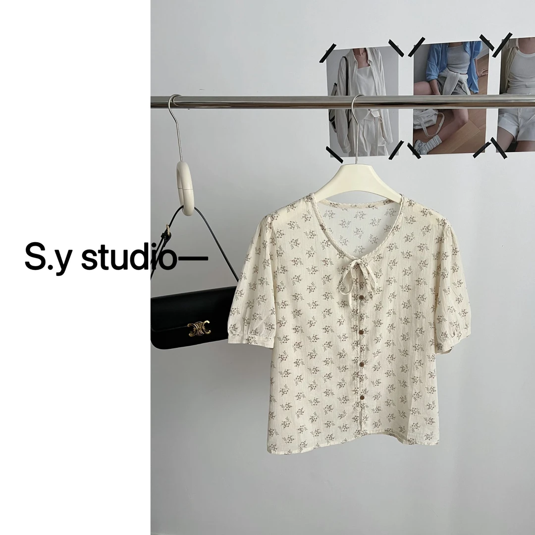 颖小颖 韩系碎花系带短袖气质小衫女温柔风显瘦甜美衬衫