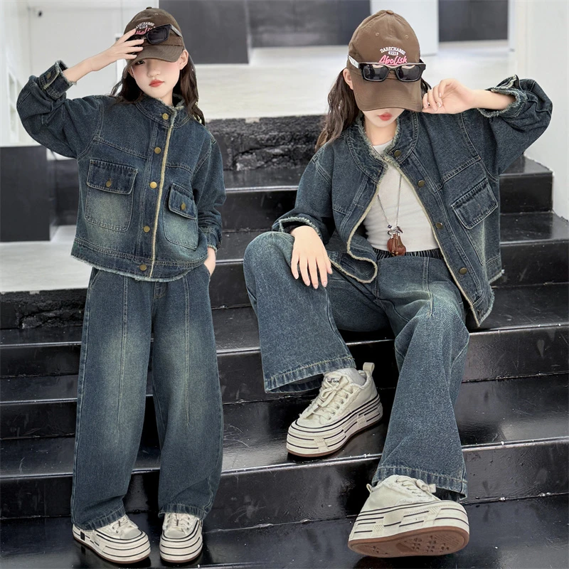 女童牛仔套装春秋款2025新款中大童洋气韩版牛仔外套休闲裤两件套