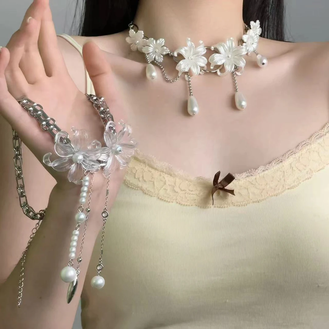 合金仿珍珠项链 2624法式花朵珍珠流苏项链轻奢高级感锁骨链颈链