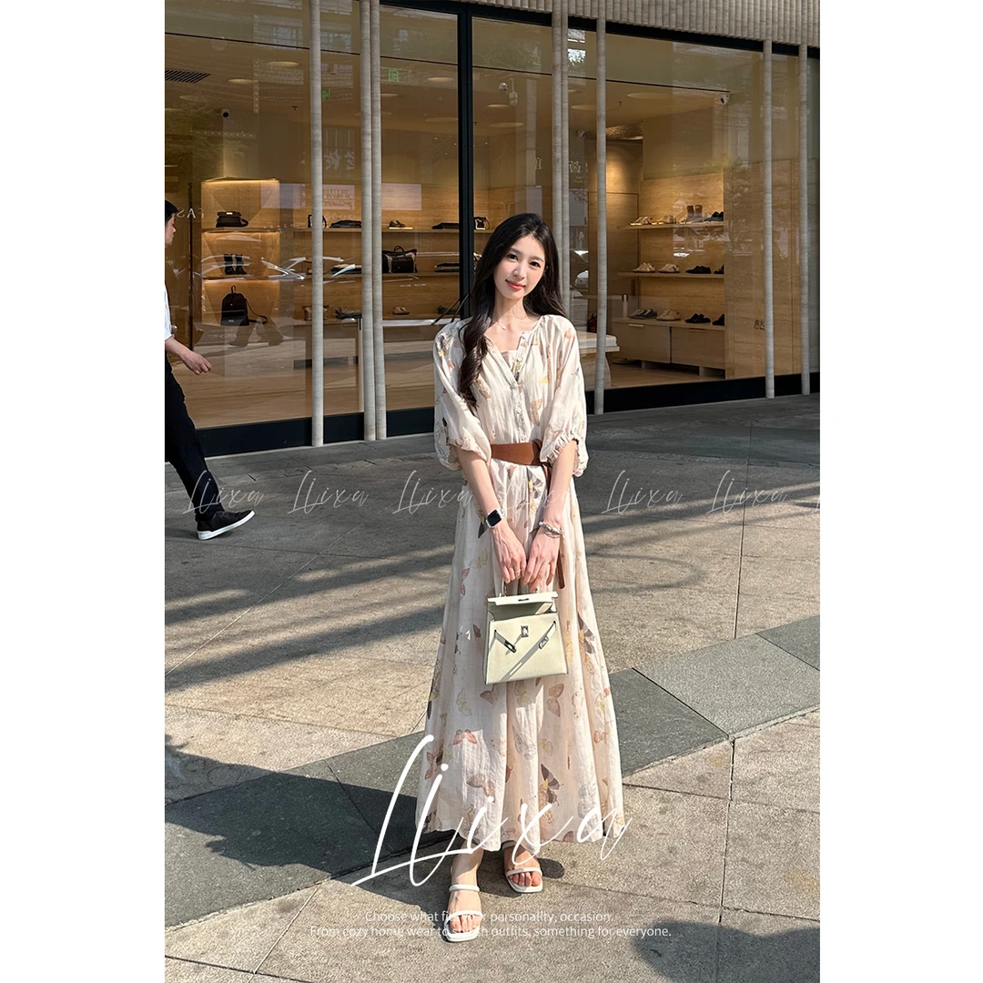 【饭饭】度假风半袖连衣裙女夏季宽松显瘦裙子a字长裙两件套24Q070