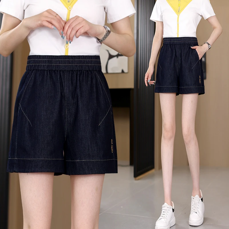 微弹力夏季外穿牛仔短裤阔腿裤四分短裤高腰女士阔腿裤通勤裤子