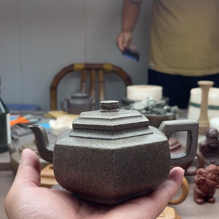 茶壶紫砂六方雪华，手磨料（段泥）