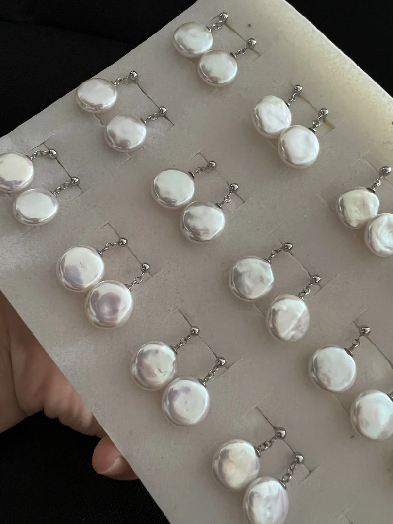 s925银11-14mm纽扣珍珠短风吹耳环多样性发其一对