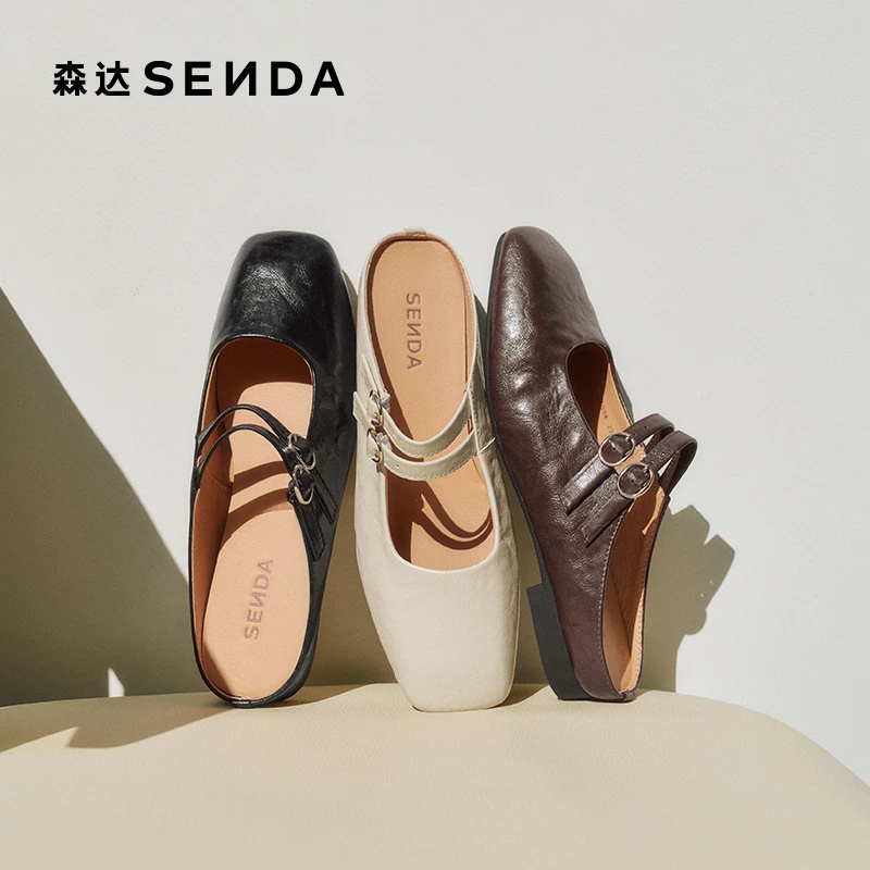 森达穆勒鞋女款2025夏季新款方头舒适平底后空凉鞋ZTG04BH5