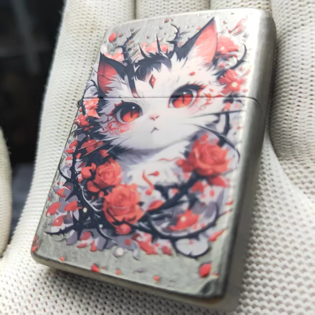 古银彩印玫瑰花猫煤油打火机送男友礼物