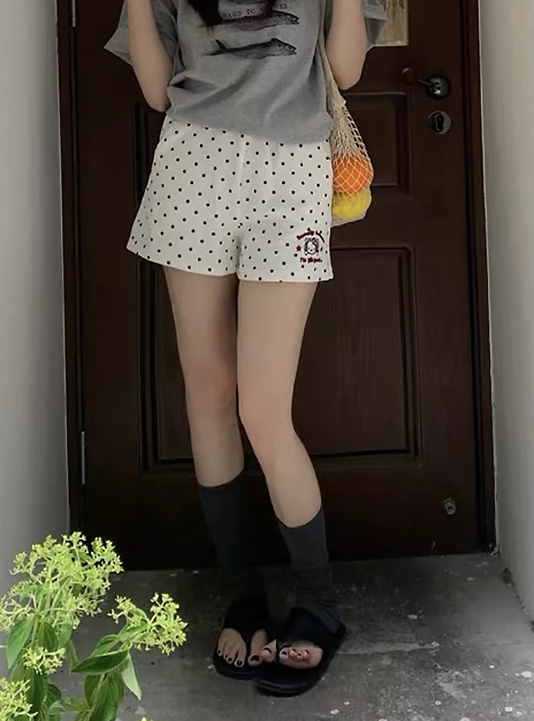 波点小猫刺绣休闲短裤2025夏季新款松紧腰直筒运动休闲五分裤女
