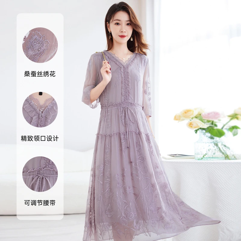 蚕光絮语杭州新九天原创丝绸桑蚕丝重工绣花真丝连衣裙女9500