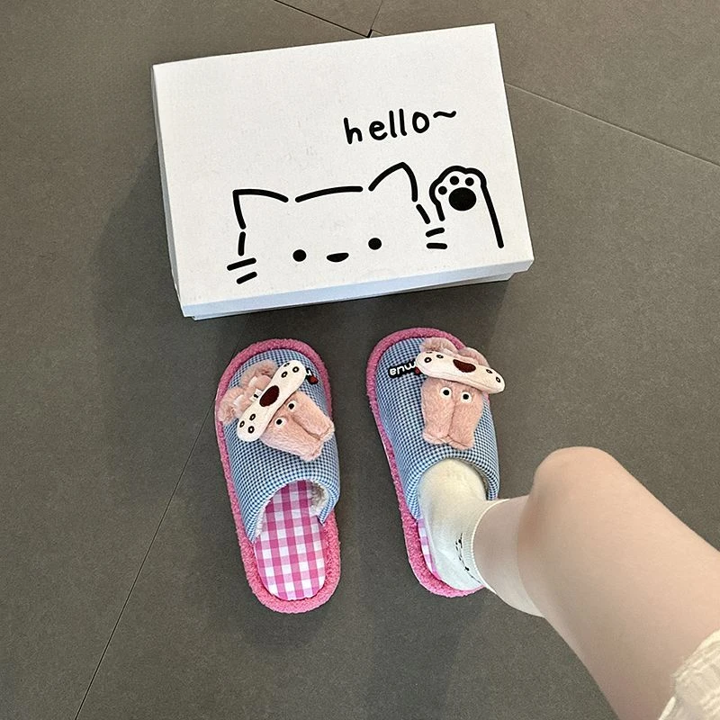 休闲百搭可爱卡通搞怪格子棉拖鞋2025秋冬新款布偶外穿居家包头拖