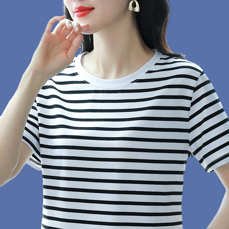 棉质高级感百搭条纹短袖T恤女2025新款夏季圆领宽松显瘦休闲上衣