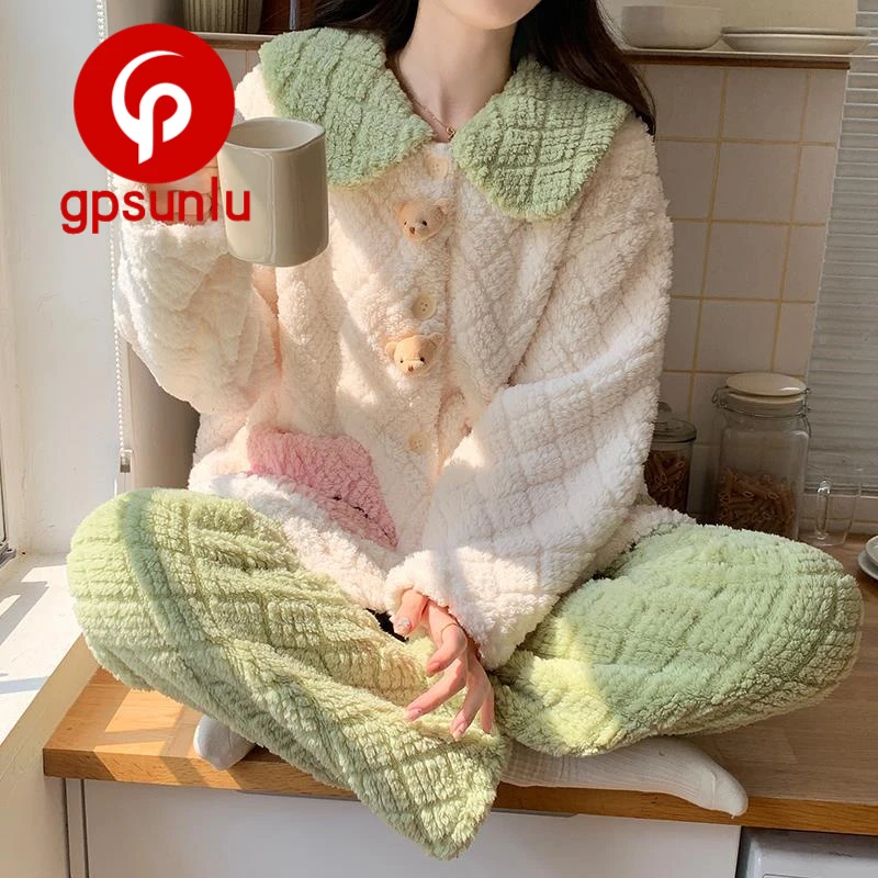 gpsunlu冬季新款法兰绒暖呼呼睡衣女款高级甜美珊瑚绒家居服套装