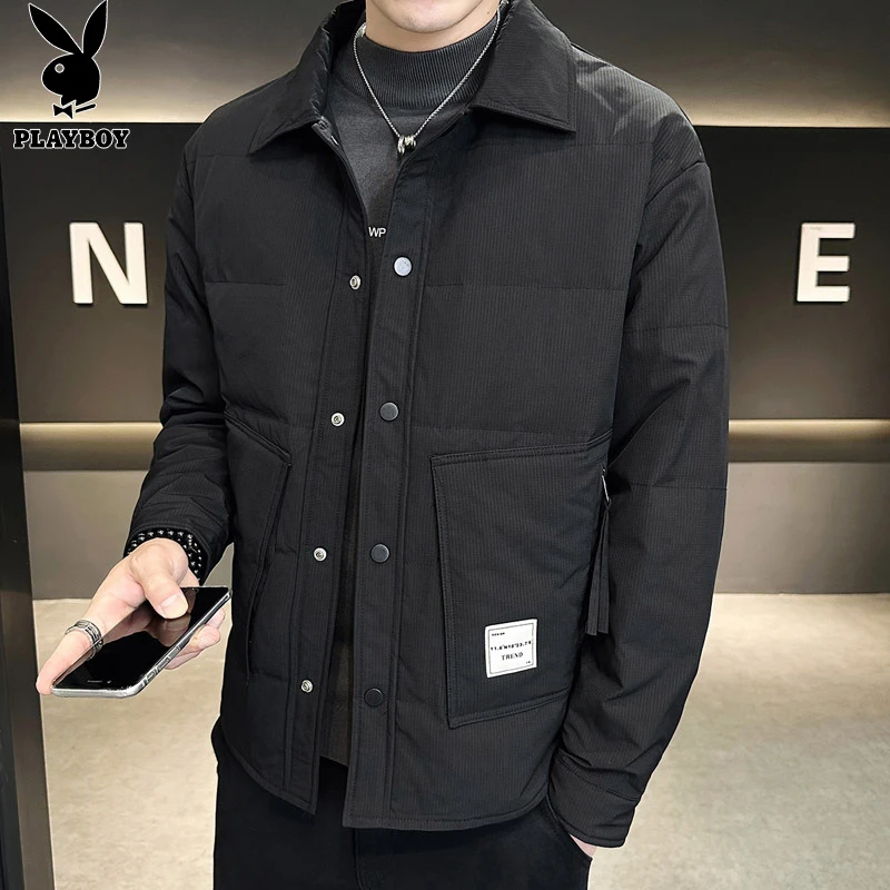 花花公子羽绒服男士2025年冬季新款保暖舒适韩版潮流休闲翻领外套
