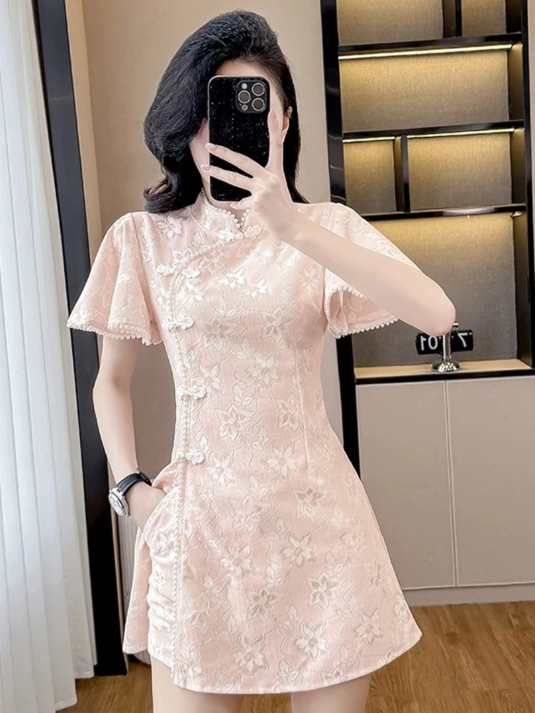2025夏新中式改良名媛气质旗袍裙盘扣蕾丝国风连衣裙短裤两件套