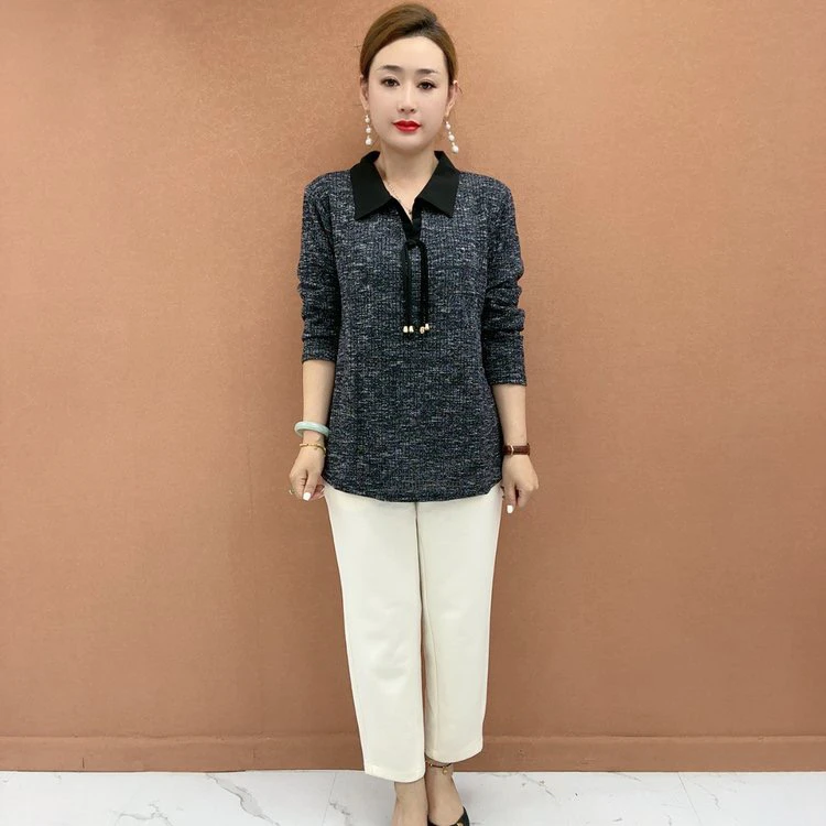 秋季新款翻领中长款中老年大码女装宽松显瘦百搭长袖小衫