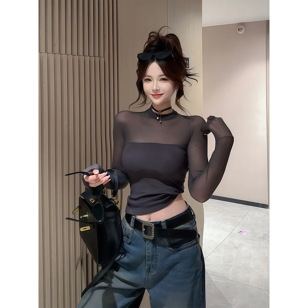 纯欲辣妹网纱拼接微透带胸垫长袖上衣女2025秋季新款修身显瘦上衣