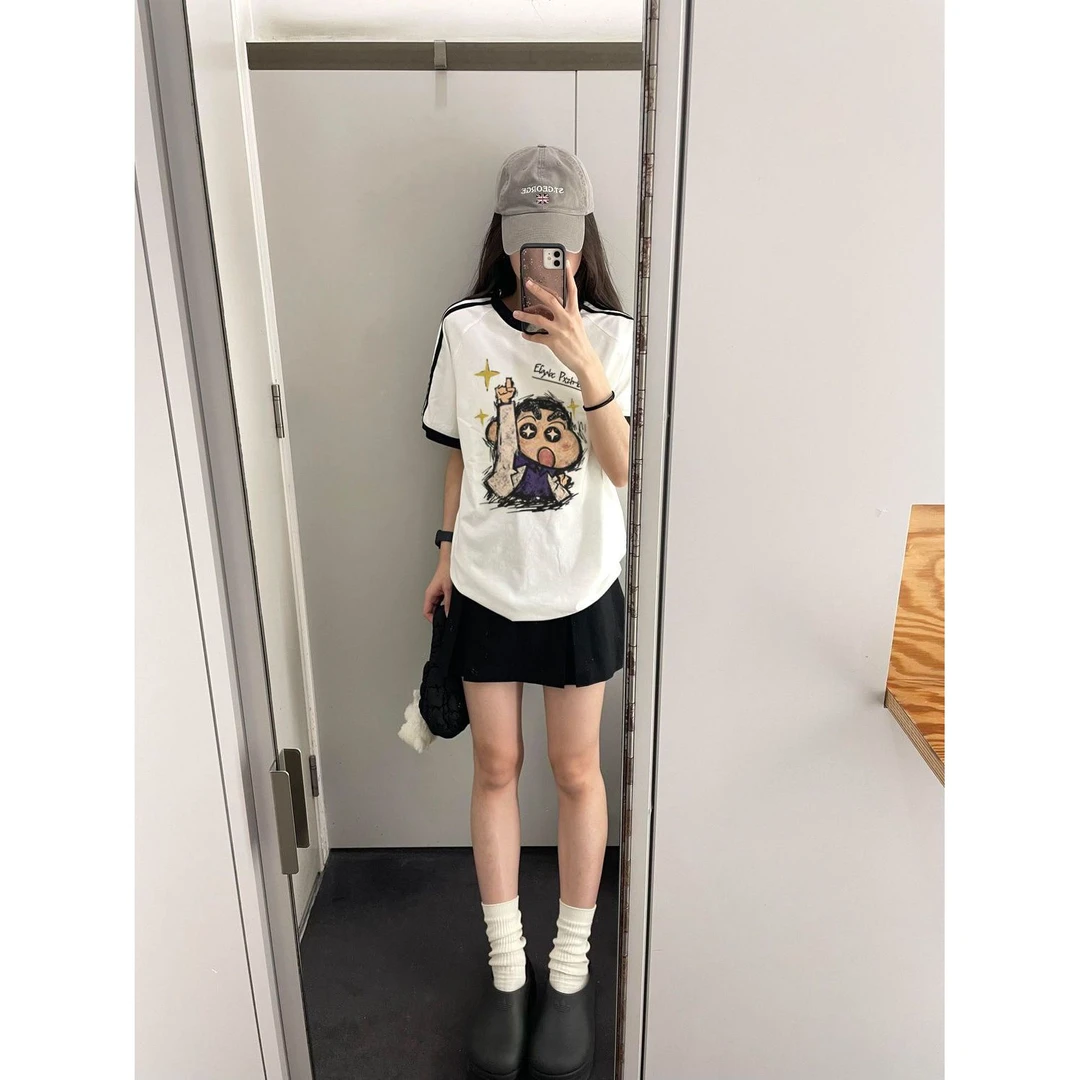 100%纯棉日系百搭蜡笔小新印花撞色条纹短袖t恤女夏季通勤ins上衣