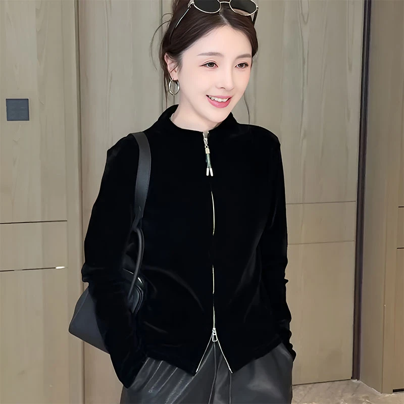 法式高级感双拉链立领丝绒外套卫衣女2025新款秋季黑色洋气上衣女