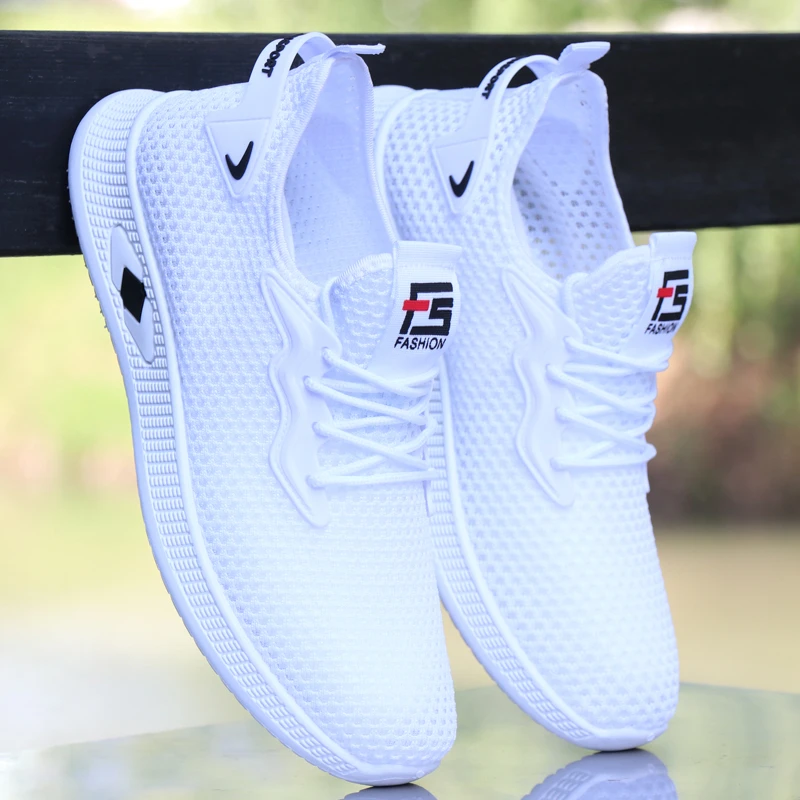 夏季镂空网眼鞋男轻便透气软底防臭休闲运动鞋一脚蹬网面白色鞋子