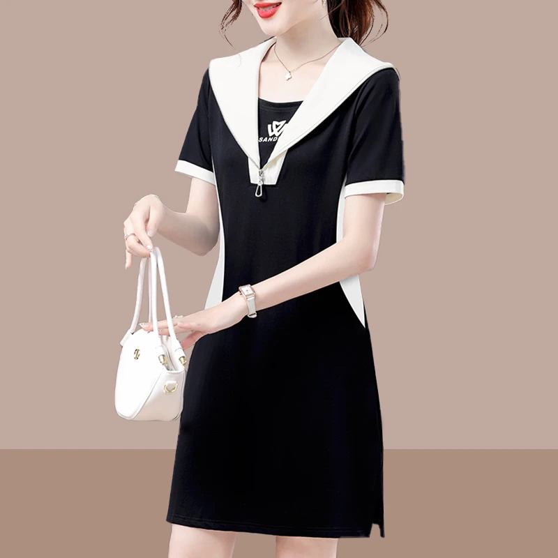 韩版拼接短袖连衣裙女夏季2025新款气质减龄修身高档时尚休闲裙子